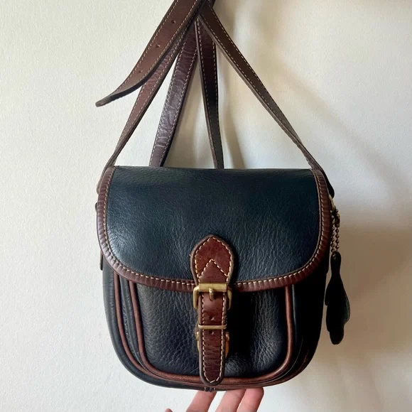 Vintage Roots Saddle Black Leather Crossbody with Brown Trim and Brass Buckle - Picture 8 of 11